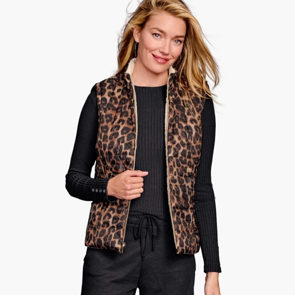 NWT Johnston & Murphy Reversible Vest Cream Tan & Black Leopard Print Zip Up LG